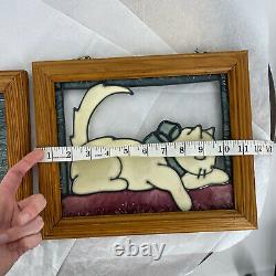 Vintage Stained Glass Set of 2 Cat Wall Window Panel In Wood Frame Handmade Slag