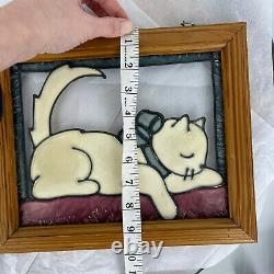 Vintage Stained Glass Set of 2 Cat Wall Window Panel In Wood Frame Handmade Slag