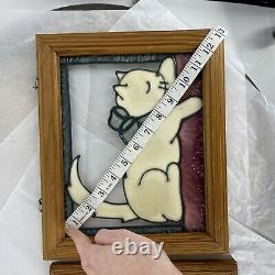 Vintage Stained Glass Set of 2 Cat Wall Window Panel In Wood Frame Handmade Slag