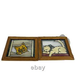 Vintage Stained Glass Set of 2 Cat Wall Window Panel In Wood Frame Handmade Slag