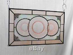 Vintage Stained Glass Transom Window Panel, Recycled Pink Depression Glass Plate