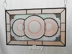 Vintage Stained Glass Transom Window Panel, Recycled Pink Depression Glass Plate