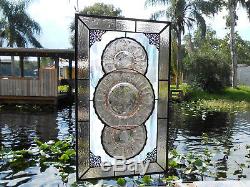 Vintage Stained Glass Transom Window Panel, Recycled Pink Depression Glass Plate