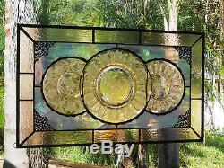 Vintage Stained Glass Transom Window Panel, Recycled Pink Depression Glass Plate