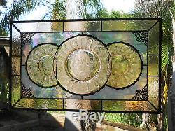 Vintage Stained Glass Transom Window Panel, Recycled Pink Depression Glass Plate