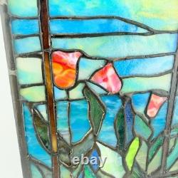 Vintage Stained Glass Tulip Flower Window Panel Sunset Sunrise Landscape Gift