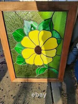 Vintage Stained Glass Window Panel 25 1/2 x 36 yellow flower