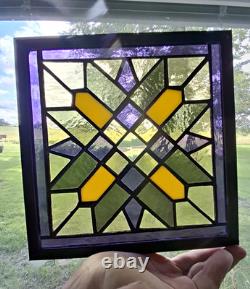 Vintage Stained Glass Window Panel Etched Geometric Quilt Block Pattern Glass