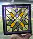 Vintage Stained Glass Window Panel Etched Geometric Quilt Block Pattern Glass