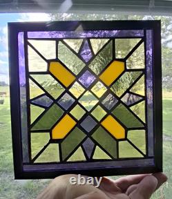 Vintage Stained Glass Window Panel Etched Geometric Quilt Block Pattern Glass
