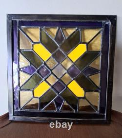 Vintage Stained Glass Window Panel Etched Geometric Quilt Block Pattern Glass