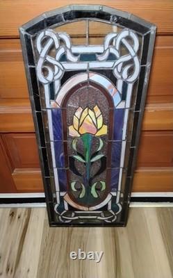 Vintage Stained Glass Window Panel Floral Art Nouveau Style Rose Celtic Knotwork