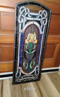 Vintage Stained Glass Window Panel Floral Art Nouveau Style Rose Celtic Knotwork