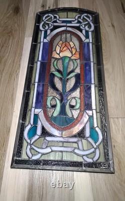 Vintage Stained Glass Window Panel Floral Art Nouveau Style Rose Celtic Knotwork