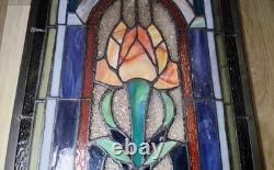 Vintage Stained Glass Window Panel Floral Art Nouveau Style Rose Celtic Knotwork