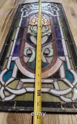 Vintage Stained Glass Window Panel Floral Art Nouveau Style Rose Celtic Knotwork