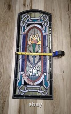 Vintage Stained Glass Window Panel Floral Art Nouveau Style Rose Celtic Knotwork