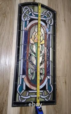 Vintage Stained Glass Window Panel Floral Art Nouveau Style Rose Celtic Knotwork