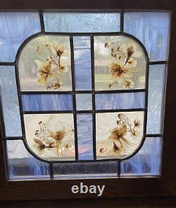 Vintage Stained Glass Window Panel Pressed Flowers Leaded Wood Frame Square