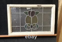 Vintage Stained Glass Window Panel With Floral Design In Wooden Frame