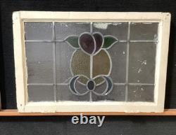 Vintage Stained Glass Window Panel With Floral Design In Wooden Frame