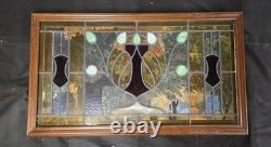 Vintage Stained Glass Window Panel Wood Frame Art Nouveau Style Leaded Glass