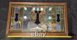 Vintage Stained Glass Window Panel Wood Frame Art Nouveau Style Leaded Glass