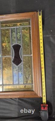 Vintage Stained Glass Window Panel Wood Frame Art Nouveau Style Leaded Glass