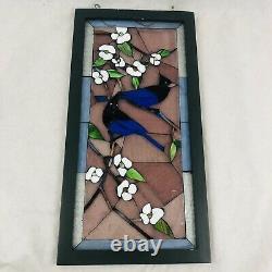 Vintage Stained Glass Window Panel Wood Framed Blue Birds Flowers 20.75 x 10.5