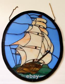 Vintage Stained Leaded Glass Panel Framed Clipper Ship Large