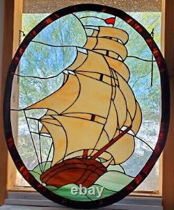 Vintage Stained Leaded Glass Panel Framed Clipper Ship Large