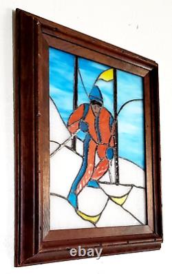 Vintage Stained Slag Glass Panel Framed Skier Winter