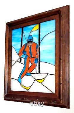 Vintage Stained Slag Glass Panel Framed Skier Winter