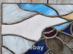 Vintage Stained & Slag Glass Panel Tile Wall Art Flower Red Rose Green 18×15