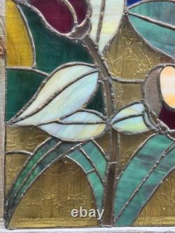 Vintage Stained & Slag Glass Panel Tile Wall Art Flower Red Rose Green 18×15