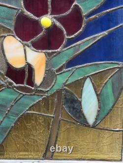 Vintage Stained & Slag Glass Panel Tile Wall Art Flower Red Rose Green 18×15
