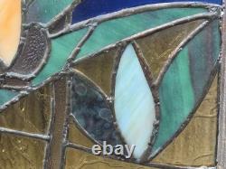 Vintage Stained & Slag Glass Panel Tile Wall Art Flower Red Rose Green 18×15