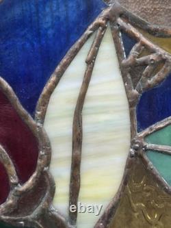 Vintage Stained & Slag Glass Panel Tile Wall Art Flower Red Rose Green 18×15