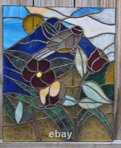 Vintage Stained & Slag Glass Panel Tile Wall Art Flower Red Rose Green 18×15