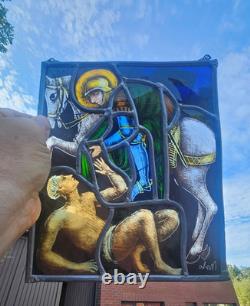 Vintage Stained glass window panel saint MArtin of Tours beggar signed