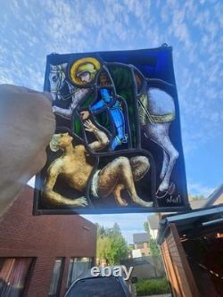 Vintage Stained glass window panel saint MArtin of Tours beggar signed