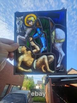 Vintage Stained glass window panel saint MArtin of Tours beggar signed