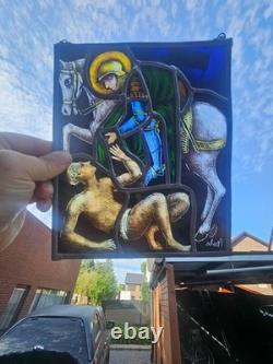 Vintage Stained glass window panel saint MArtin of Tours beggar signed