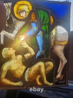 Vintage Stained glass window panel saint MArtin of Tours beggar signed