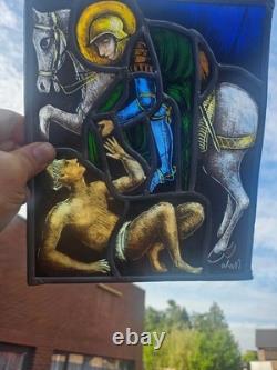 Vintage Stained glass window panel saint MArtin of Tours beggar signed