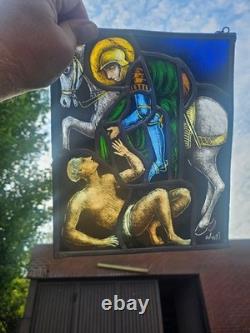 Vintage Stained glass window panel saint MArtin of Tours beggar signed