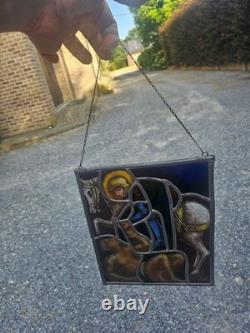 Vintage Stained glass window panel saint MArtin of Tours beggar signed