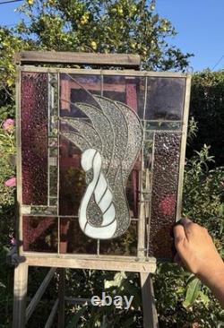 Vintage Swan Stained Glass Window Panel 13 Wide x 15 High Signed