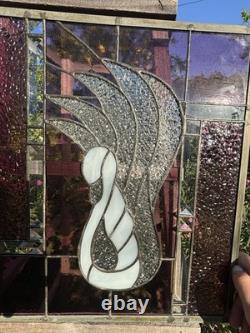 Vintage Swan Stained Glass Window Panel 13 Wide x 15 High Signed