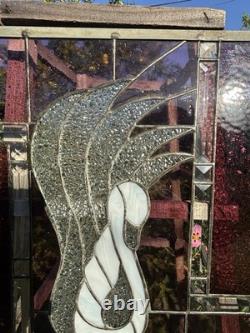 Vintage Swan Stained Glass Window Panel 13 Wide x 15 High Signed
